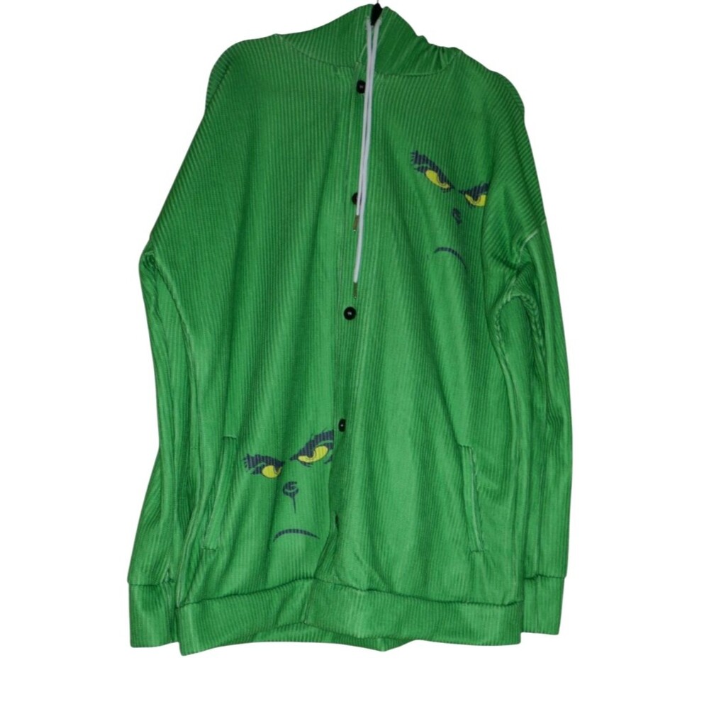 Dr Seuss Grinch Face Green Ribbed Button Up Hoodie Jacket Size XXL RARE
